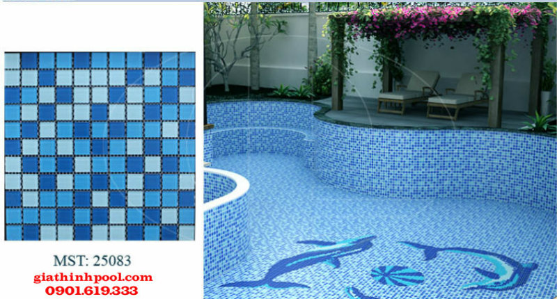 bể bơi có gạch kính mosaic họa tiết cá heo